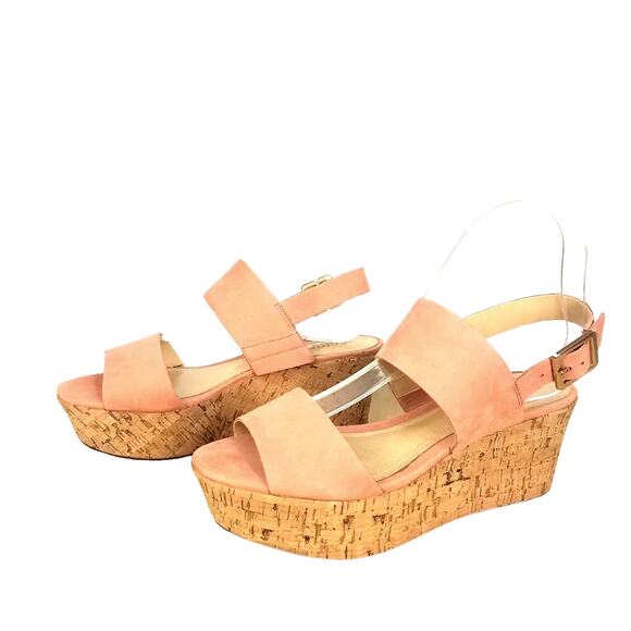 Schutz | Pink Suede Cork Wedge Sandals 8 - Picture 1 of 12